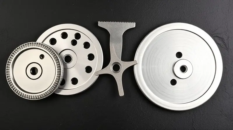 Top-down flat lay photograph of various meat grinder plates and blades neatly arranged on a dark slate surface. The collectio
