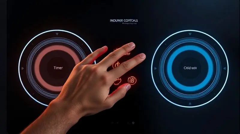 Top-down view of a hand interacting with a futuristic, illuminated touch control panel on a two-burner induction cooktop. The