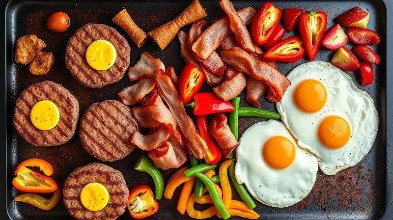 Vista de cima de uma chapa de lanche grande e cheia de alimentos variados, como hambúrgueres, ovos, bacon e pimentões.