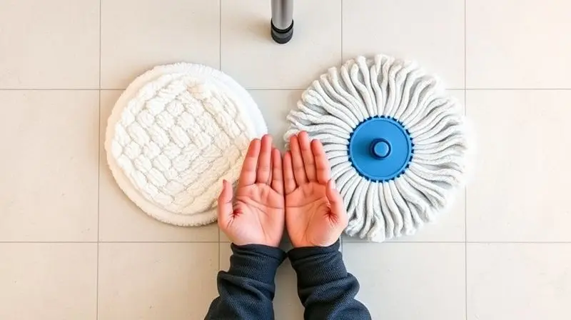 Mãos de uma pessoa comparando diferentes tipos de refil de mop sobre uma superfície branca, representando o processo de escolha do mop ideal.