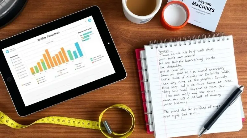 Mesa de trabalho com anotações, gráficos em um tablet e uma fita métrica, representando o processo de análise de produtos.