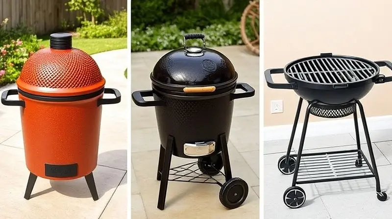 Três tipos de churrasqueiras lado a lado: um modelo a bafo com tampa, uma portátil e uma parrilla argentina.
