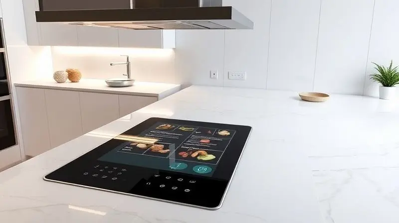 Ultra-modern, minimalist kitchen featuring a futuristic stove with a transparent touchscreen display showing recipes, seamles