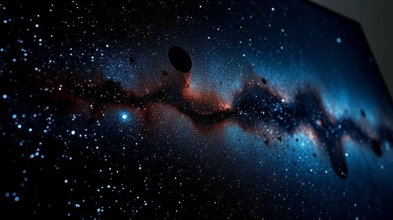 Tela de TV OLED exibindo uma galáxia com estrelas brilhantes e fundo de preto absoluto, demonstrando o contraste superior da tecnologia.