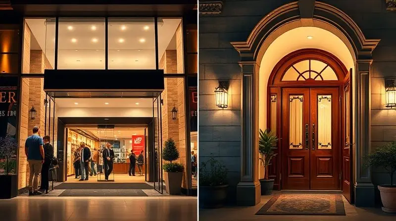 Comparação de uma cortina de ar de grande porte em uma entrada comercial e uma cortina de ar menor em uma porta residencial.