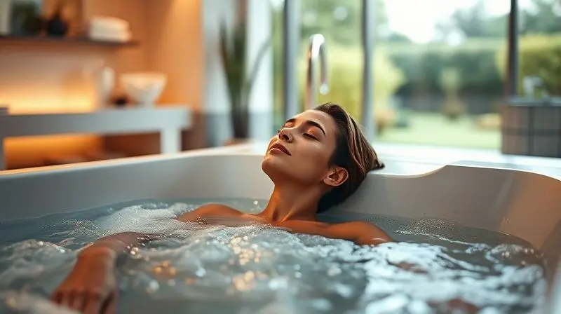 Pessoa relaxando em uma luxuosa banheira de hidromassagem com jatos de água borbulhantes, exemplificando as vantagens e o bem-estar proporcionados.