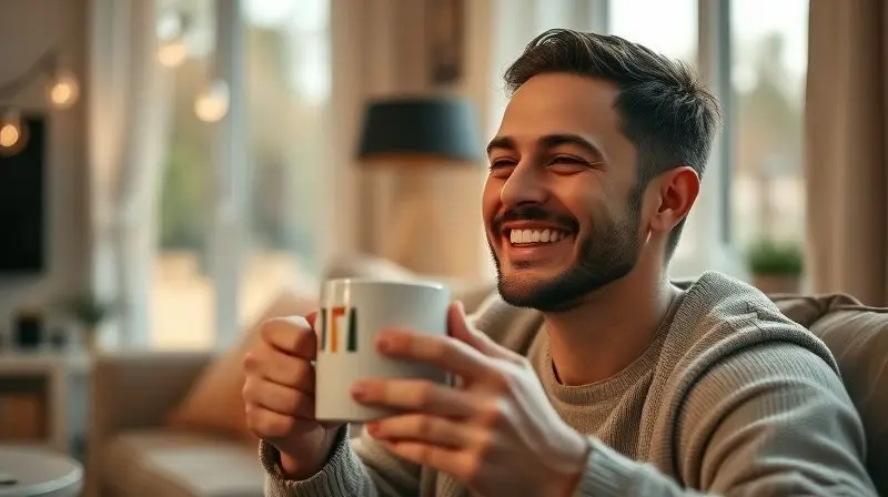 Pessoa sorrindo e relaxando com uma xícara de café em uma sala aconchegante, representando as vantagens de ter uma cafeteira Dolce Gusto.