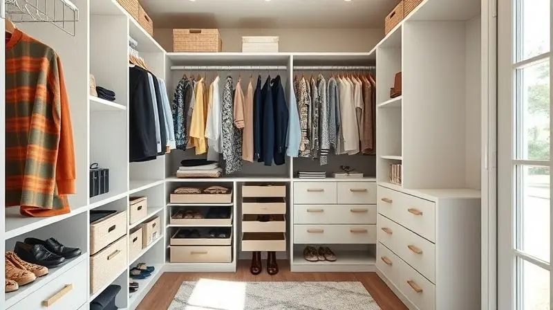 Um closet moderno e bem iluminado, com roupas e acessórios perfeitamente arrumados dentro de caixas organizadoras em prateleiras.