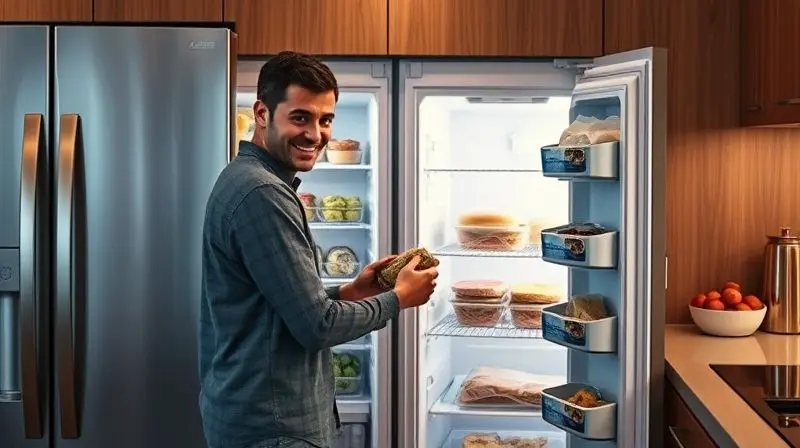 Pessoa sorrindo ao pegar facilmente um item de um freezer vertical bem abastecido, demonstrando a praticidade e as vantagens do eletrodoméstico.
