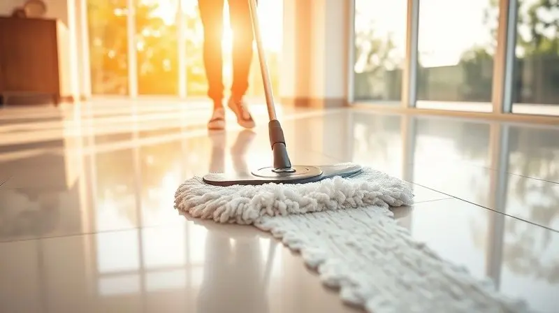 Uma pessoa usando um esfregão elétrico moderno para limpar um piso de cerâmica brilhante, demonstrando a facilidade de uso do aparelho.