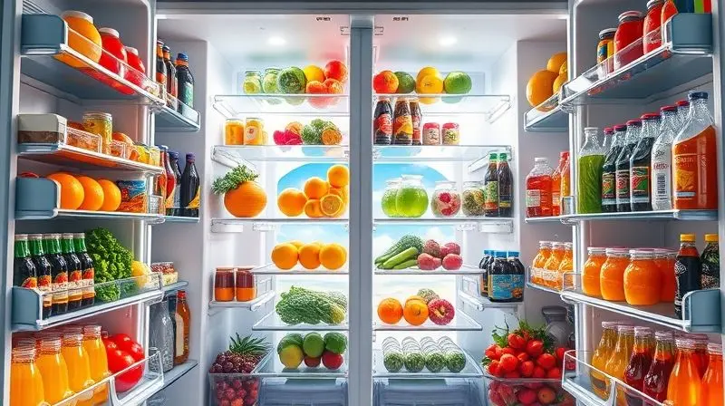 Interior de uma geladeira French Door aberta, mostrando prateleiras organizadas com alimentos frescos e coloridos, destacando sua capacidade.