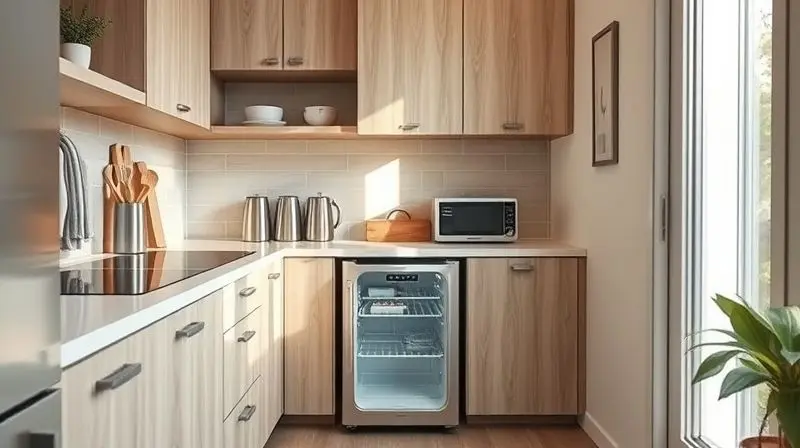 Cozinha compacta e moderna mostrando como uma geladeira pequena se encaixa perfeitamente sob a bancada, otimizando o espaço.