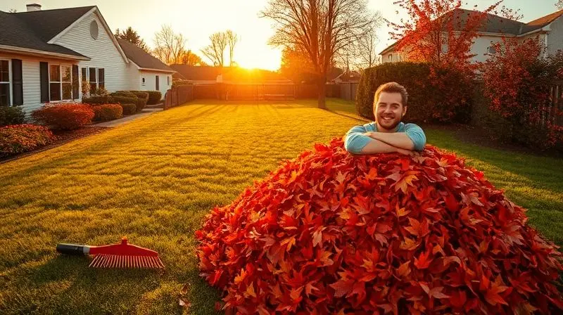 Jardim limpo e bem cuidado no outono, com folhas amontoadas em um canto, demonstrando o resultado do uso de um soprador de folhas.