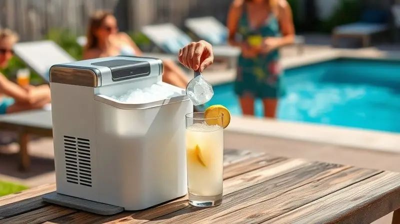 Máquina de gelo portátil em uso em uma área de lazer externa, com uma pessoa enchendo um copo de bebida com gelo fresco.