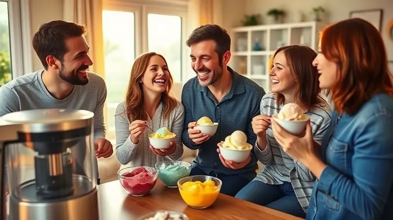 Família sorrindo e se divertindo enquanto tomam um sorvete caseiro, ilustrando as vantagens de ter uma sorveteira em casa.