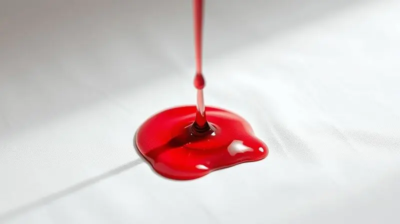 Vinho tinto derramado sobre uma toalha de mesa branca impermeável, formando gotas e demonstrando a tecnologia antimanchas do tecido.