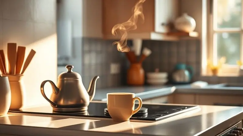Cozinha aconchegante com uma chaleira com apito no fogão, soltando vapor, ao lado de uma xícara pronta para receber uma bebida quente.