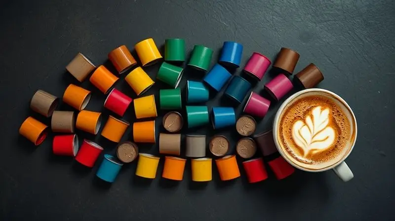 Cápsulas de café coloridas da Dolce Gusto organizadas em um fundo escuro ao lado de uma xícara de cappuccino fumegante.