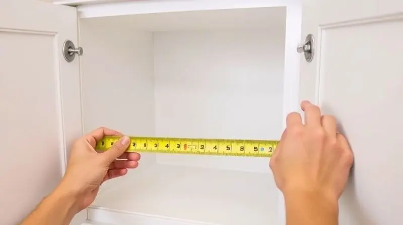 Mãos de uma pessoa utilizando uma trena para medir o espaço interno de um armário de cozinha para a instalação de uma lixeira de embutir.