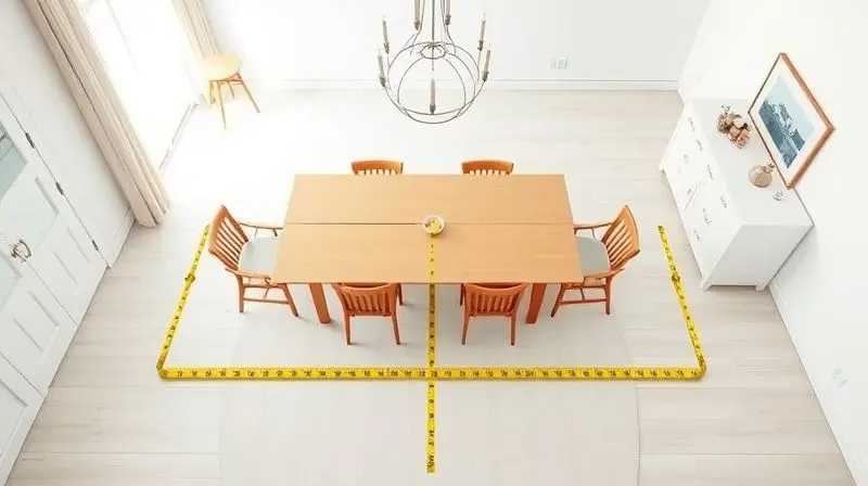 Ambiente de sala de jantar com fita métrica no chão, ilustrando o espaço correto entre as cadeiras e a mesa para boa circulação.
