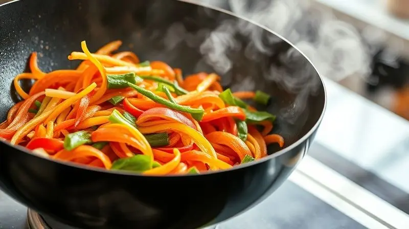 Legumes coloridos sendo salteados em uma wok antiaderente, com vapor subindo, ilustrando um cozimento saudável e prático com pouco óleo.