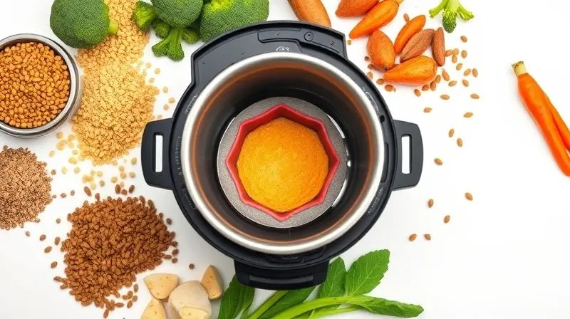 Panela de arroz elétrica aberta, rodeada por ingredientes diversos como quinoa, legumes e um pequeno bolo, mostrando sua versatilidade.