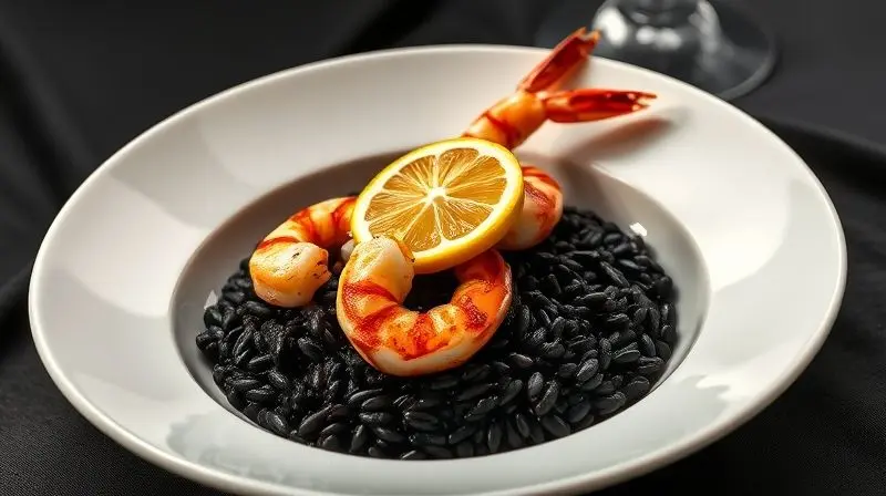 Prato gourmet de risoto de arroz negro com camarões grelhados e uma fatia de limão siciliano, visto de cima.