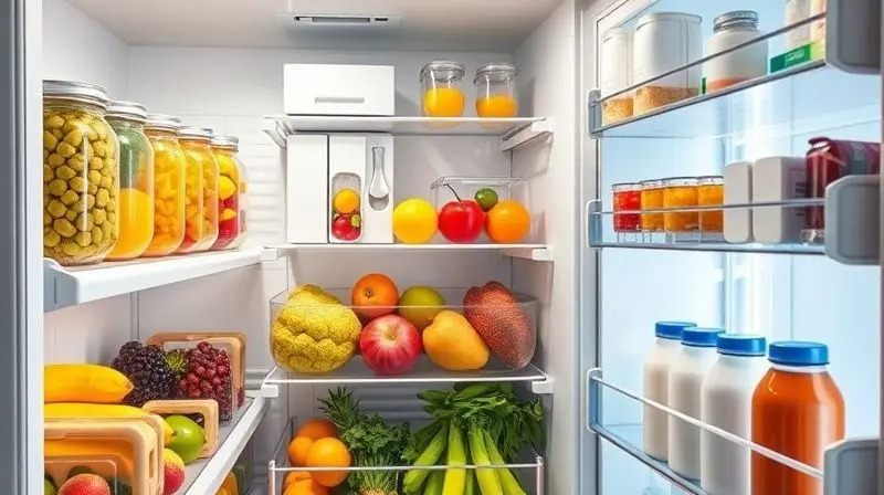 Visually stunning interior shot of a modern, well-lit refrigerator. The shelves are perfectly organized with fresh, colorful 