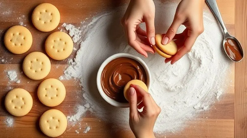 Mãos montando um biscoito recheado caseiro em uma bancada de cozinha com ingredientes e biscoitos recém-assados.