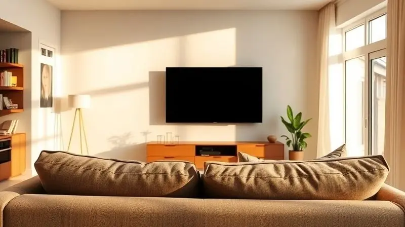 Sala de estar moderna vista por trás do sofá, mostrando a distância de visualização ideal para uma TV de 55 polegadas instalada na parede.
