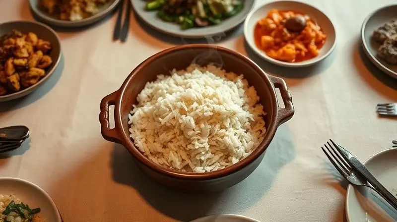 Mesa de jantar posta com uma tigela de arroz fumegante no centro, representando a conclusão de uma refeição bem-sucedida.