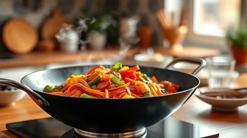 Legumes coloridos sendo salteados em uma frigideira antiaderente, com vapor subindo, em uma cozinha aconchegante.