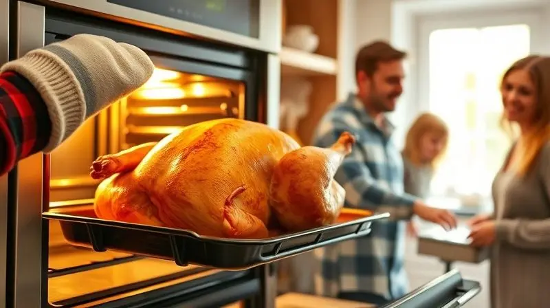 Mãos com luvas tirando um peru grande e dourado de um forno de embutir, com uma família feliz ao fundo em uma cozinha iluminada, ilustrando a capacidade.