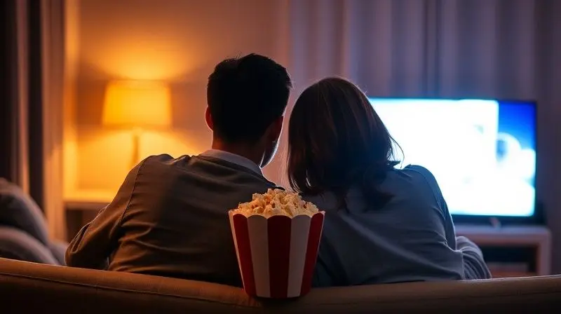Casal visto de costas no sofá, compartilhando um balde de pipoca enquanto assiste a um filme, encerrando o momento.