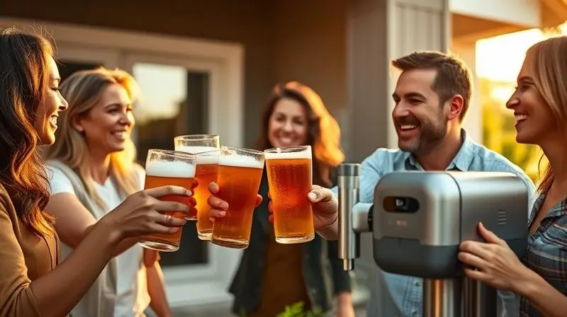 Grupo de amigos sorrindo e brindando com copos de chope em uma varanda, com a chopeira ao fundo.