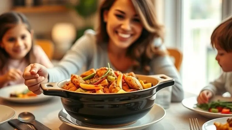 Pessoa sorrindo ao servir uma refeição colorida de uma panela de cerâmica, simbolizando a satisfação da escolha certa para a cozinha.