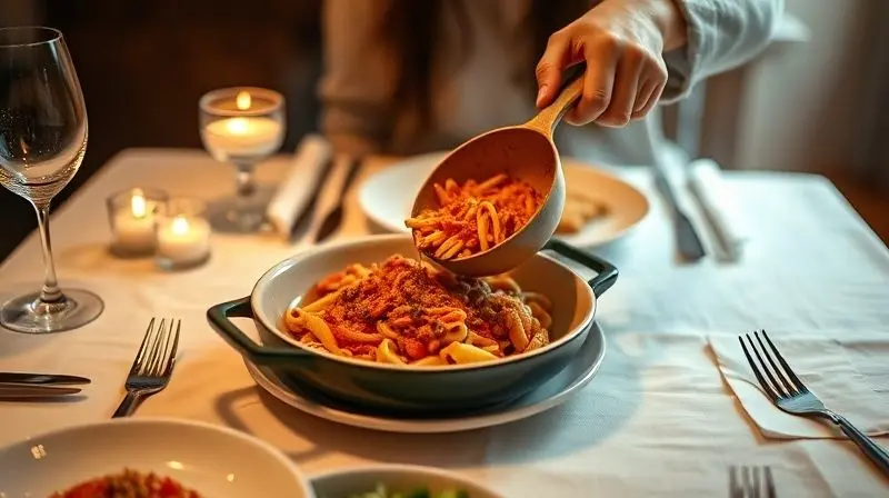 Pessoa servindo uma refeição colorida de uma panela elegante para um prato em uma mesa de jantar bem arrumada.