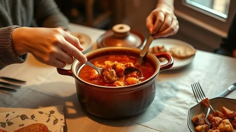 Pessoa servindo uma refeição saborosa de uma panela bonita em uma mesa de jantar, representando a satisfação de cozinhar.