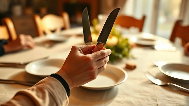 Mãos arrumando os talheres em uma mesa de jantar posta, com pratos e uma atmosfera acolhedora, simbolizando a escolha do faqueiro ideal.