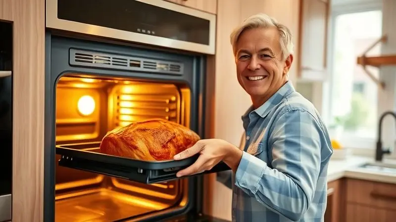 Pessoa sorrindo ao retirar uma travessa com um assado de um fogão de embutir novo, em uma cozinha moderna e aconchegante.