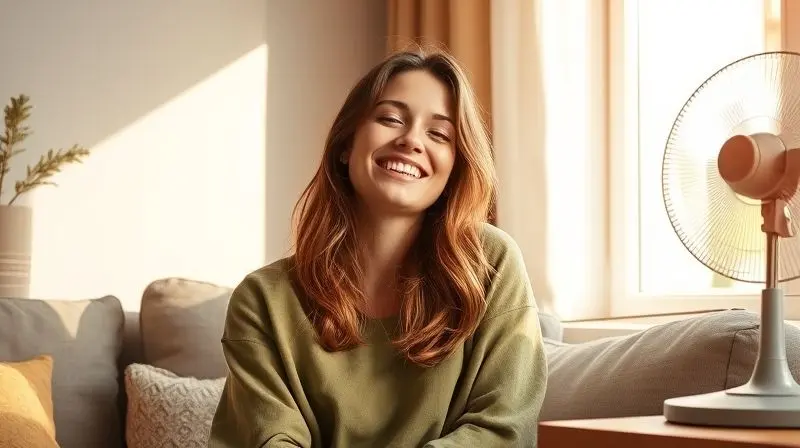 Warm, photorealistic shot of a young woman smiling peacefully with her eyes closed, sitting on a comfortable sofa by a sunny 