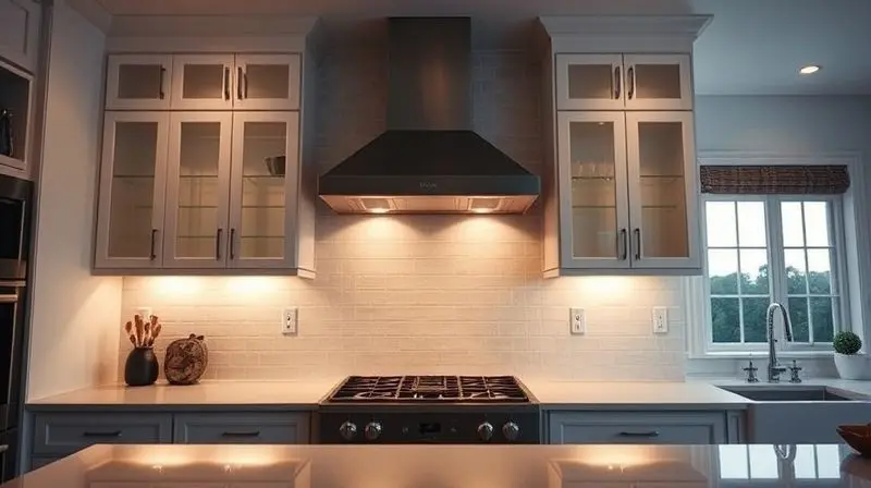 Vista ampla de uma cozinha de design ao anoitecer, com a iluminação da coifa criando um ambiente acolhedor e elegante.