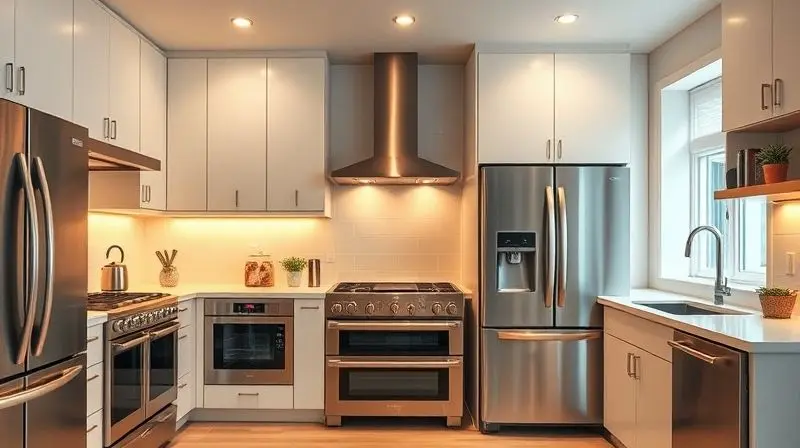 Cozinha moderna e harmoniosa com eletrodomésticos de design integrado, simbolizando a escolha certa.