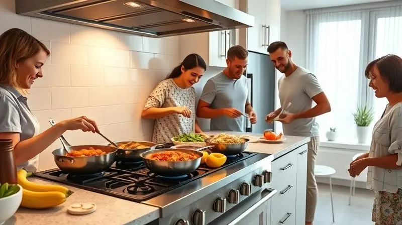 Família sorrindo enquanto cozinha várias panelas ao mesmo tempo em um fogão de 5 bocas espaçoso em uma cozinha clara e moderna.