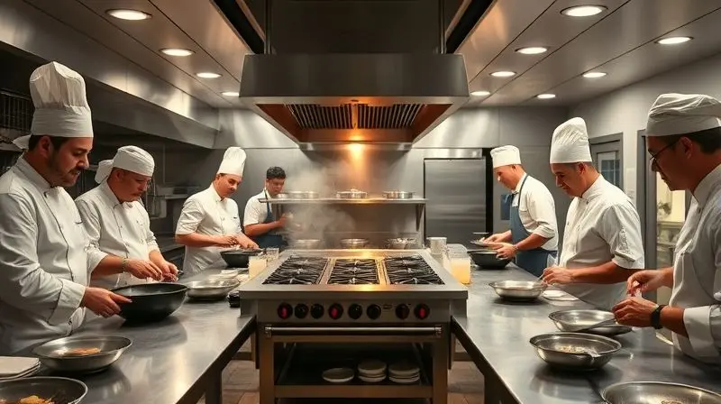 Cozinha de restaurante em pleno funcionamento, com chefs cozinhando em um grande fogão industrial central, demonstrando eficiência e produtividade.