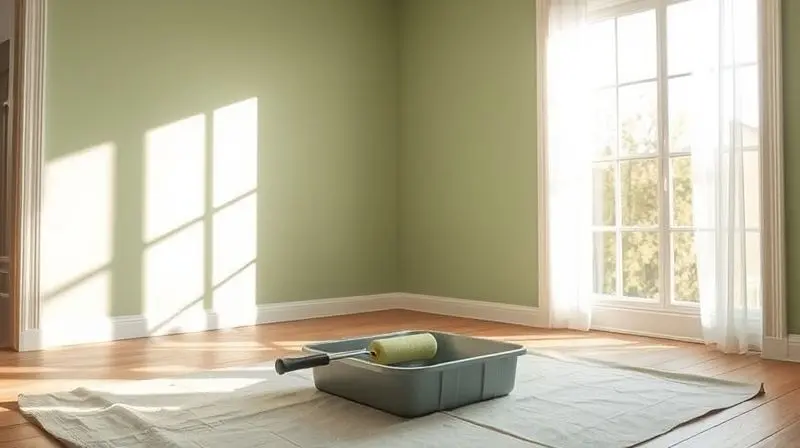 Ambiente com parede recém-pintada e materiais de pintura no canto, simbolizando a conclusão bem-sucedida do trabalho.