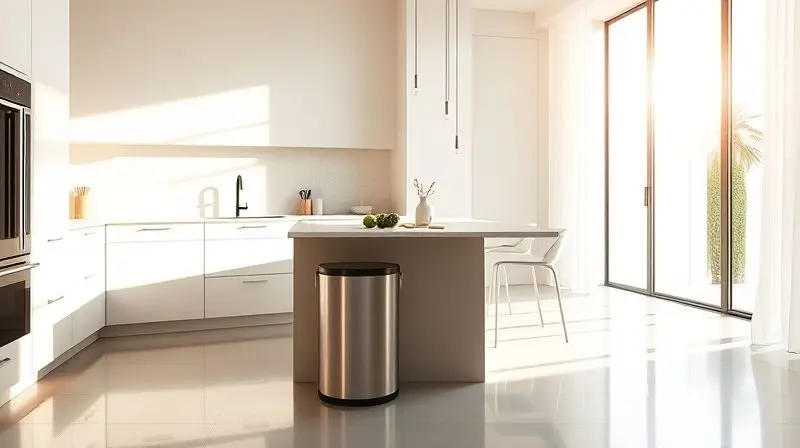 Cozinha bonita e organizada com uma lixeira de design elegante perfeitamente integrada ao ambiente.