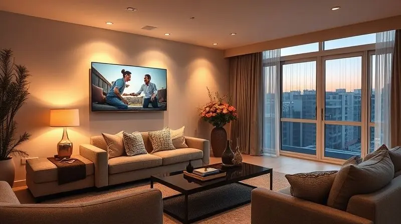Sala de estar moderna e aconchegante à noite, com uma TV de 55 polegadas instalada na parede como peça central do ambiente.