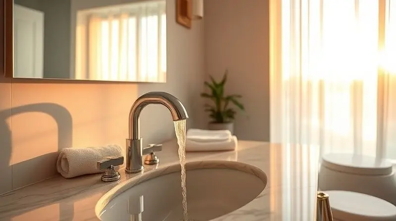 Visão ampla de um banheiro elegante, com uma torneira cromada brilhando na bancada, simbolizando a escolha perfeita.