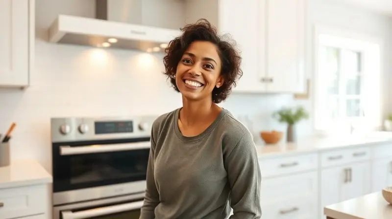 Pessoa sorrindo satisfeita ao lado de seu novo forno de embutir a gás, perfeitamente instalado em uma cozinha moderna e bem projetada.